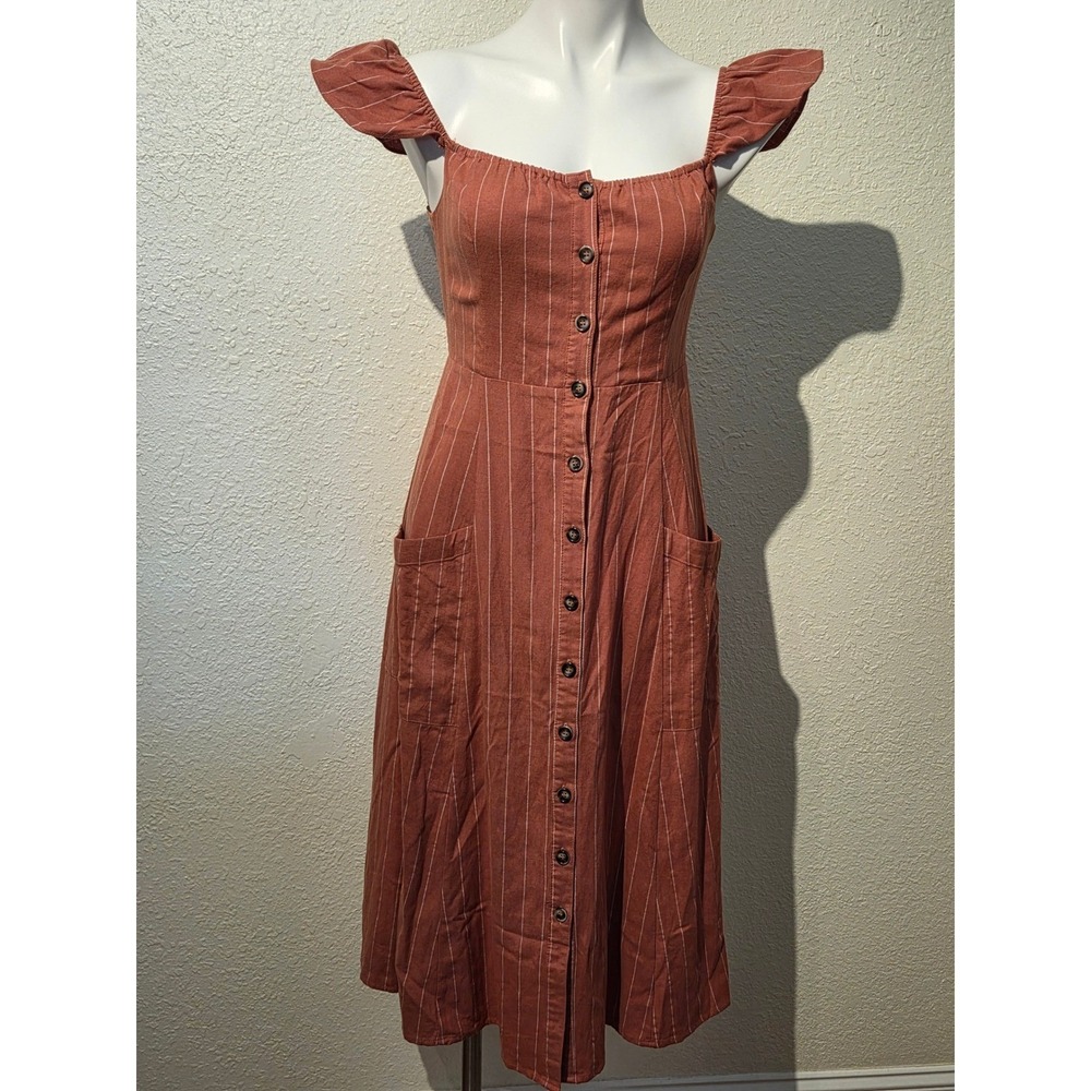 Lulus Rust Orange Pinstripe Linen Blend Button Front Midi Dress Womens Medium